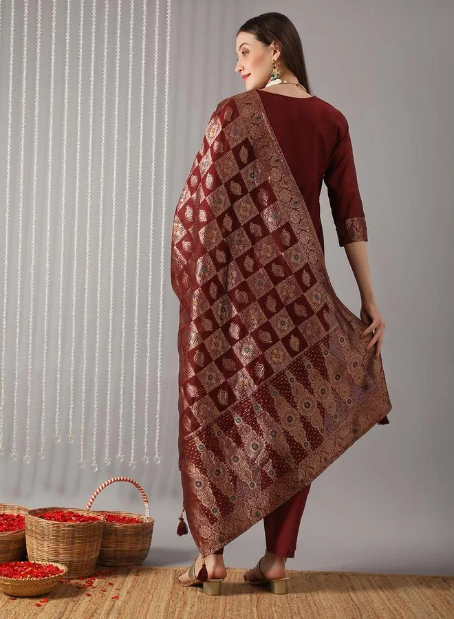 globus Women Maroon Ethnic Print Embroidered Straight Kurta with Pant and Dupatta Set